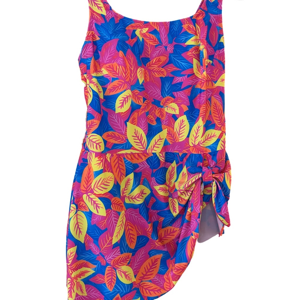 Vibrant Leaf Print Beachy Swim Dress With Side Gathered Bow Design - Picture 1 of 4